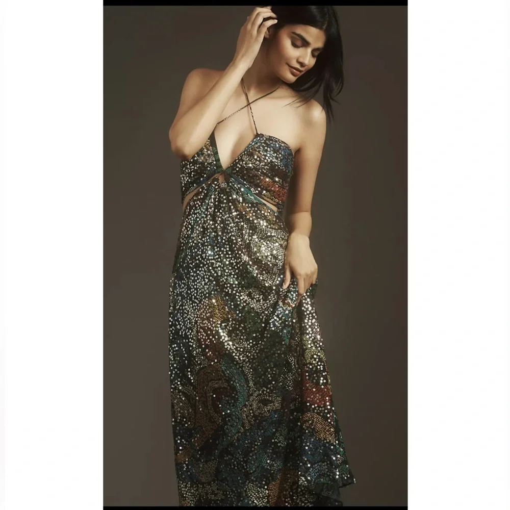 Anthropologie Verb by Pallavi Singhee Halter Cutout Sequin Midi Dress Size XL - Picture 3 of 14